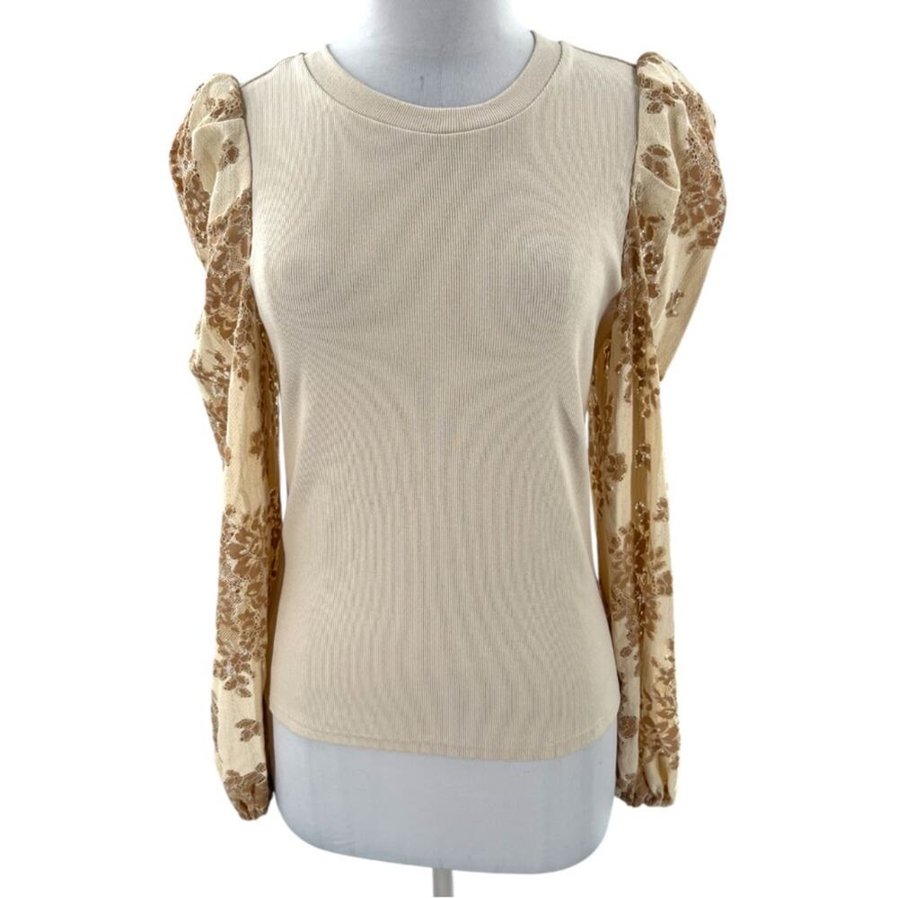 Anthropologie Dolan Lace Puff-Sleeve Top Sz S tan - Picture 4 of 9